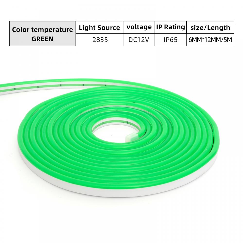 IP65 Mono Green 5m 12V Neon Flex LED Rope Light 2835 SMD 6mm*12mm PCB