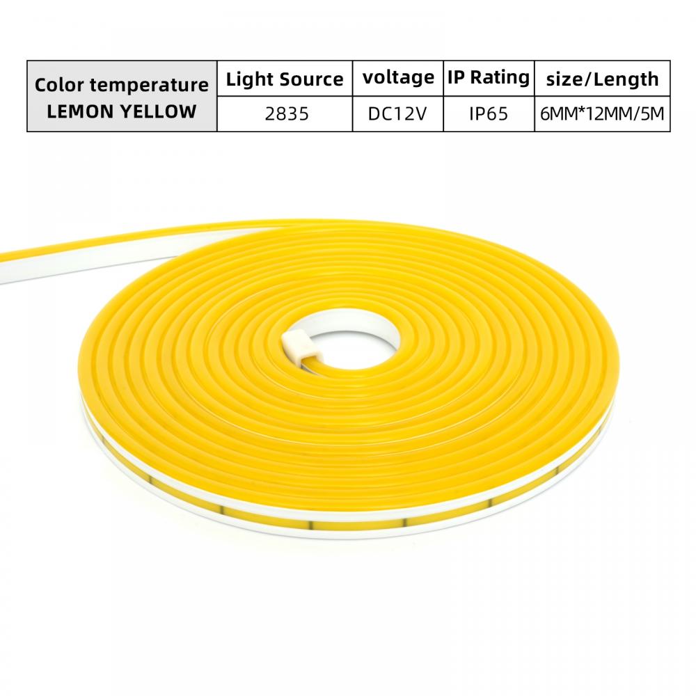 IP65 Mono Lemon Yellow 5m 12V Neon Flex LED Rope Light 2835 SMD 6mm*12mm PCB