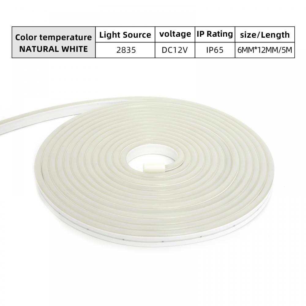 IP65 Natural White 4000K 5m 12V Neon Flex LED Rope Light 2835 SMD 6mm*12mm PCB