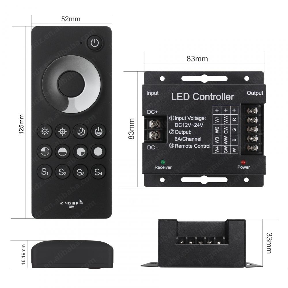 DC12-24V RF 2.4G Dimmer LED Controller 4CH Max 24A Mono Color