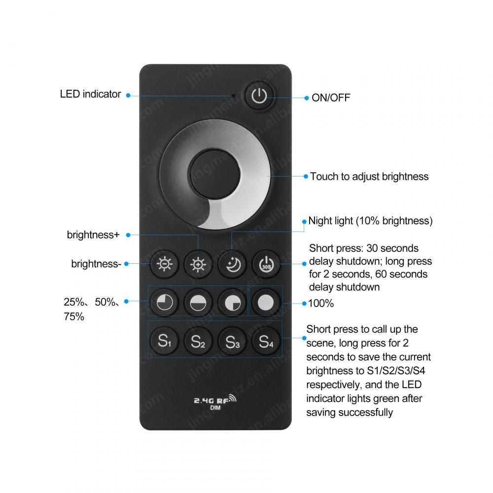 DC12-24V RF 2.4G Dimmer LED Controller 4CH Max 24A Mono Color