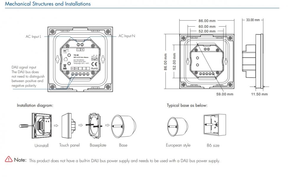 100-240V DALI Master WiFi RF Wall Dimmer TPS-D-WT Black