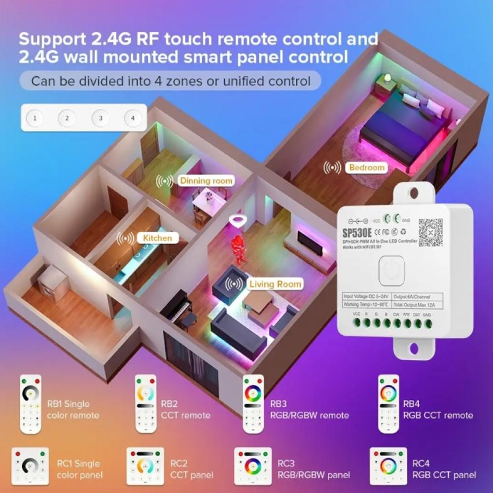 5-24V SP530E SPI+5CH PWM All-In-One LED Controller RF WIFI BT RF