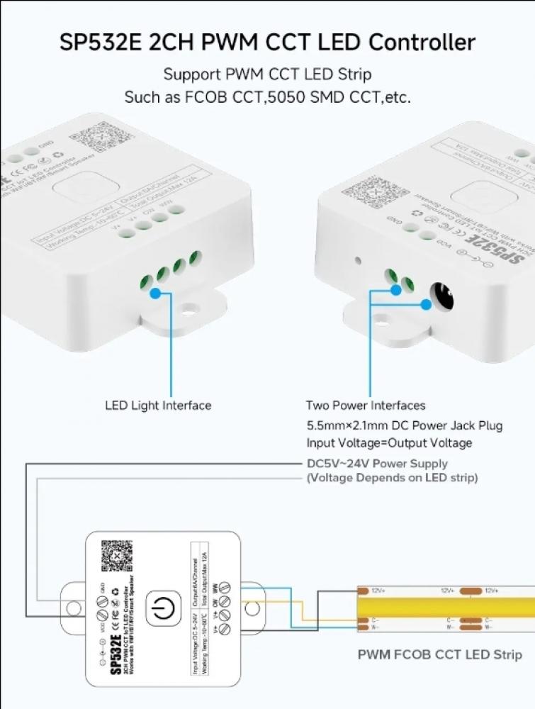 SP532E 2CH PWM CCT IoT LED Controller Max 12A