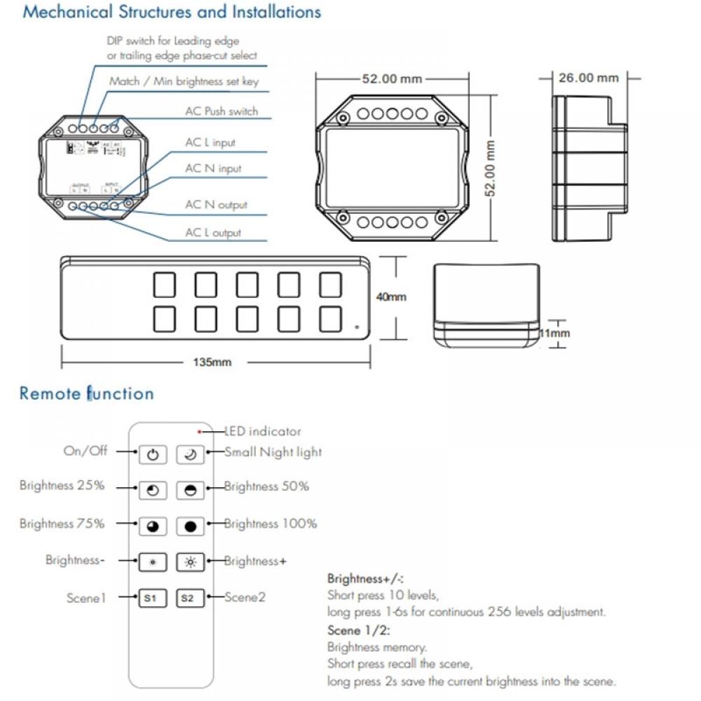 AC100-240V S1-B + R1 AC Triac RF + Push Dimmer