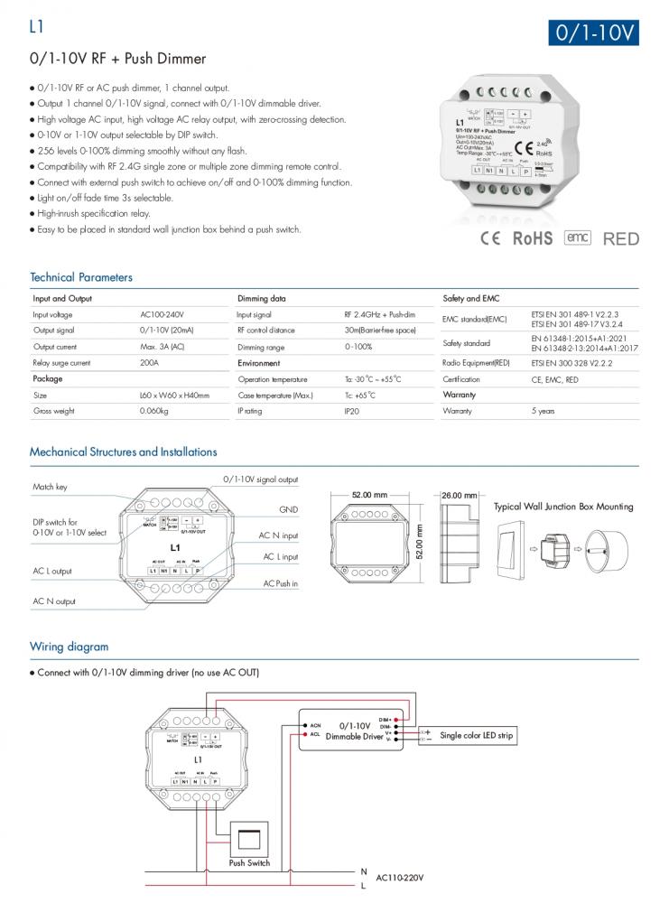 100-240VAC L1 0/1-10V RF + Push Dimmer