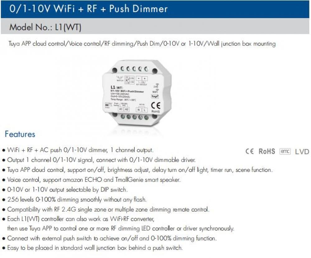 AC100-240V L1(WT) 0/1-10V WiFi + Push Dimmer Tuya
