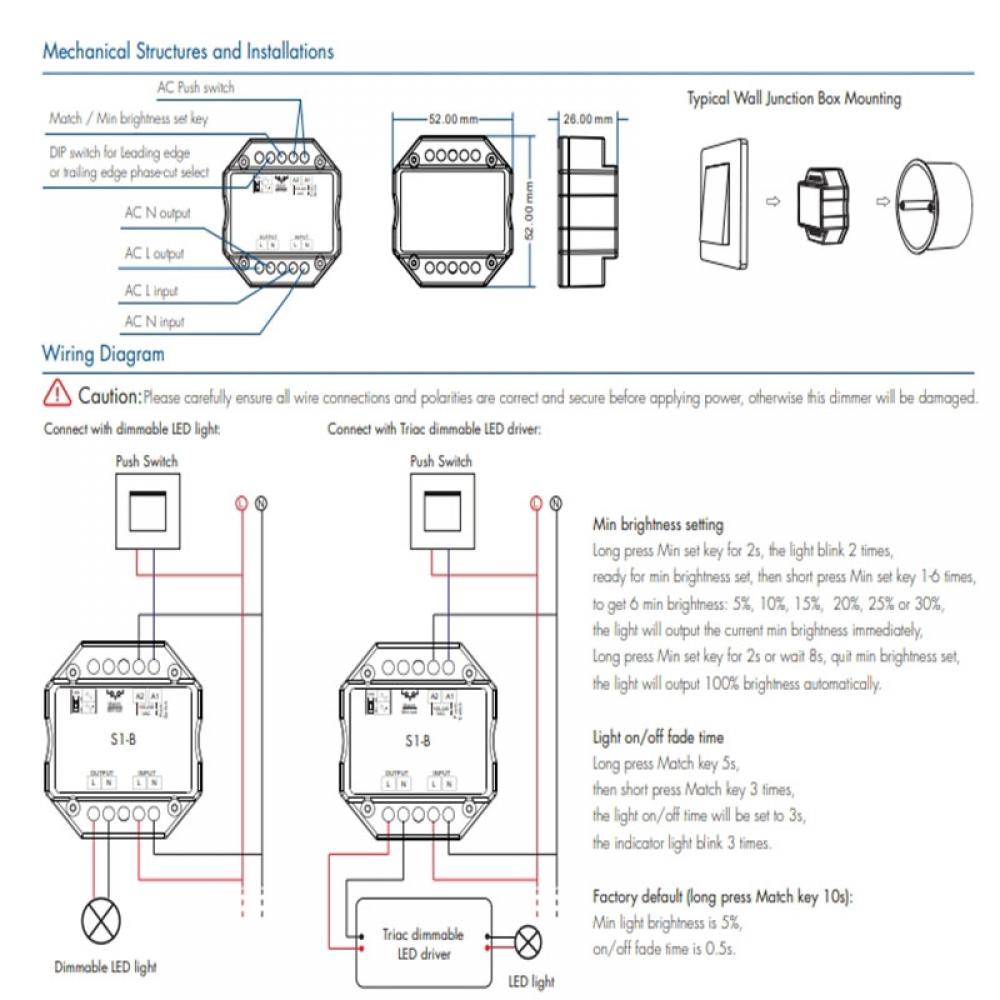 AC100-240V S1-B AC Triac RF + Push Dimmer 2.4G