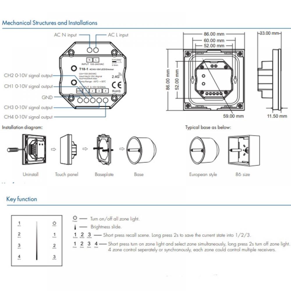 AC100-240V T18-1 4CH 0-10V LED Dimmer Switch
