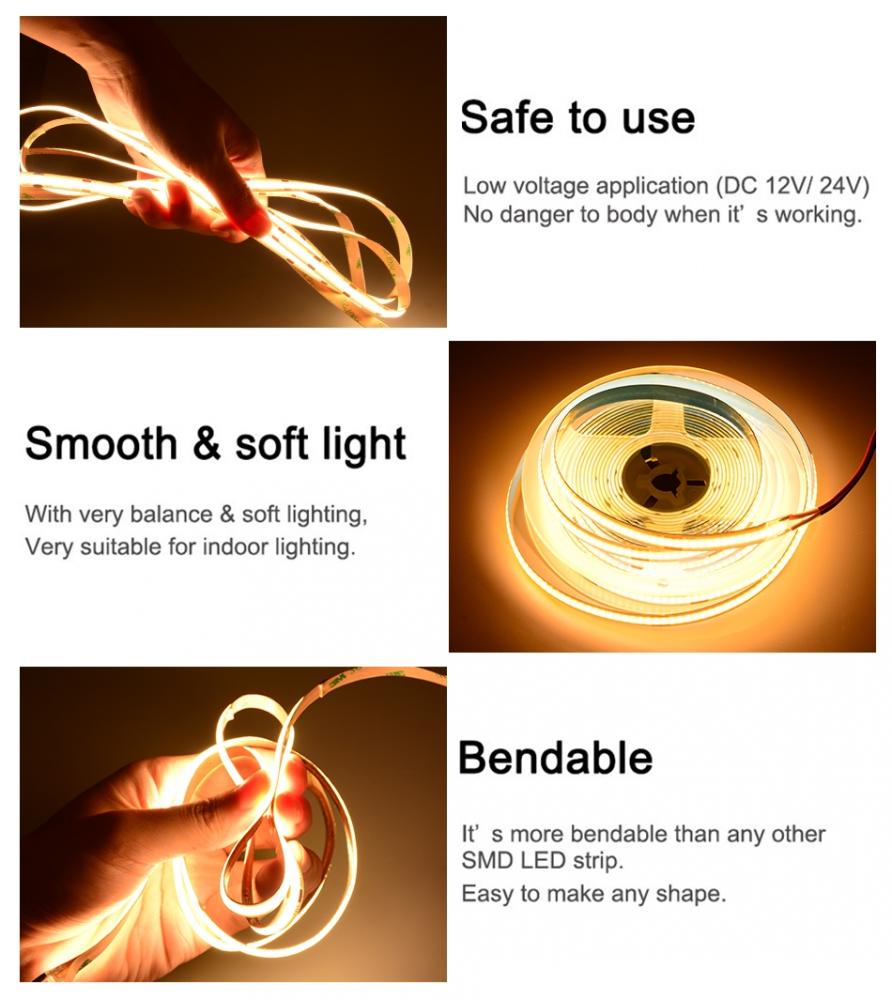 1meter Warm White 3000K 24V 320led Flexible Cob LED Strip 8mm PCB IP20