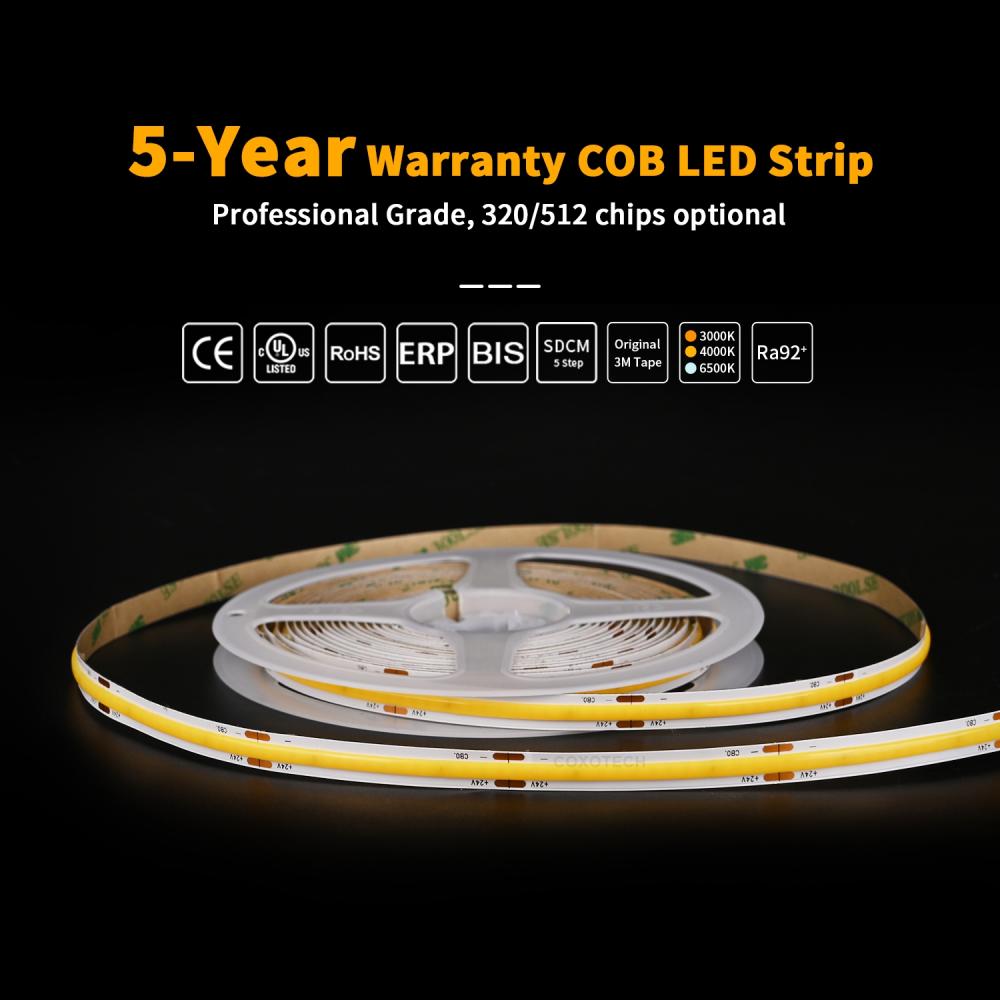 1meter Warm White 3000K 24V 512led Flexible Cob LED Strip 8mm PCB IP20