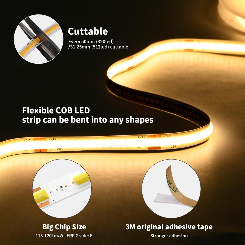1meter Warm White 3000K 24V 512led Flexible Cob LED Strip 8mm PCB IP20
